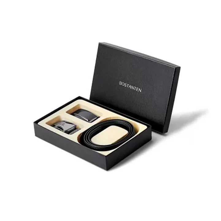 Leather belt in slim presentation box