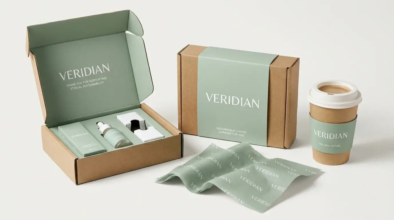Custom packaging suite with boxes, sleeves, inserts, tissue paper and paper cups