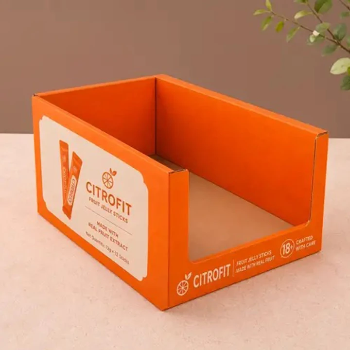 Open-front display box with hanging tab