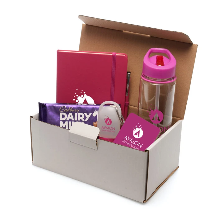 Branded swag items in open box